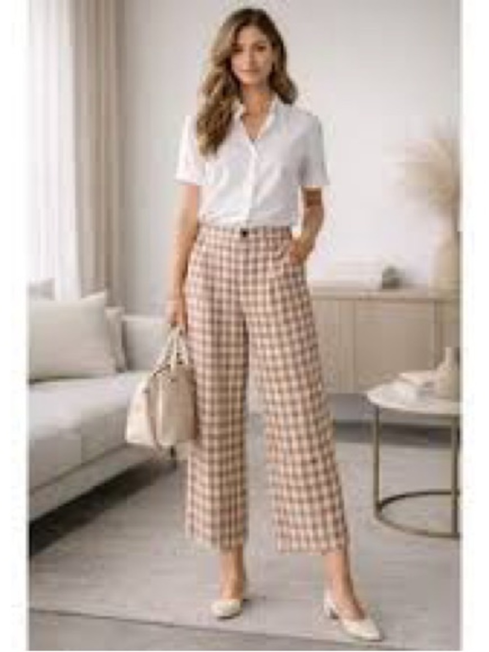 Lou & Grey Wide-Leg Plaid Cropped Pants - Beown/Pink